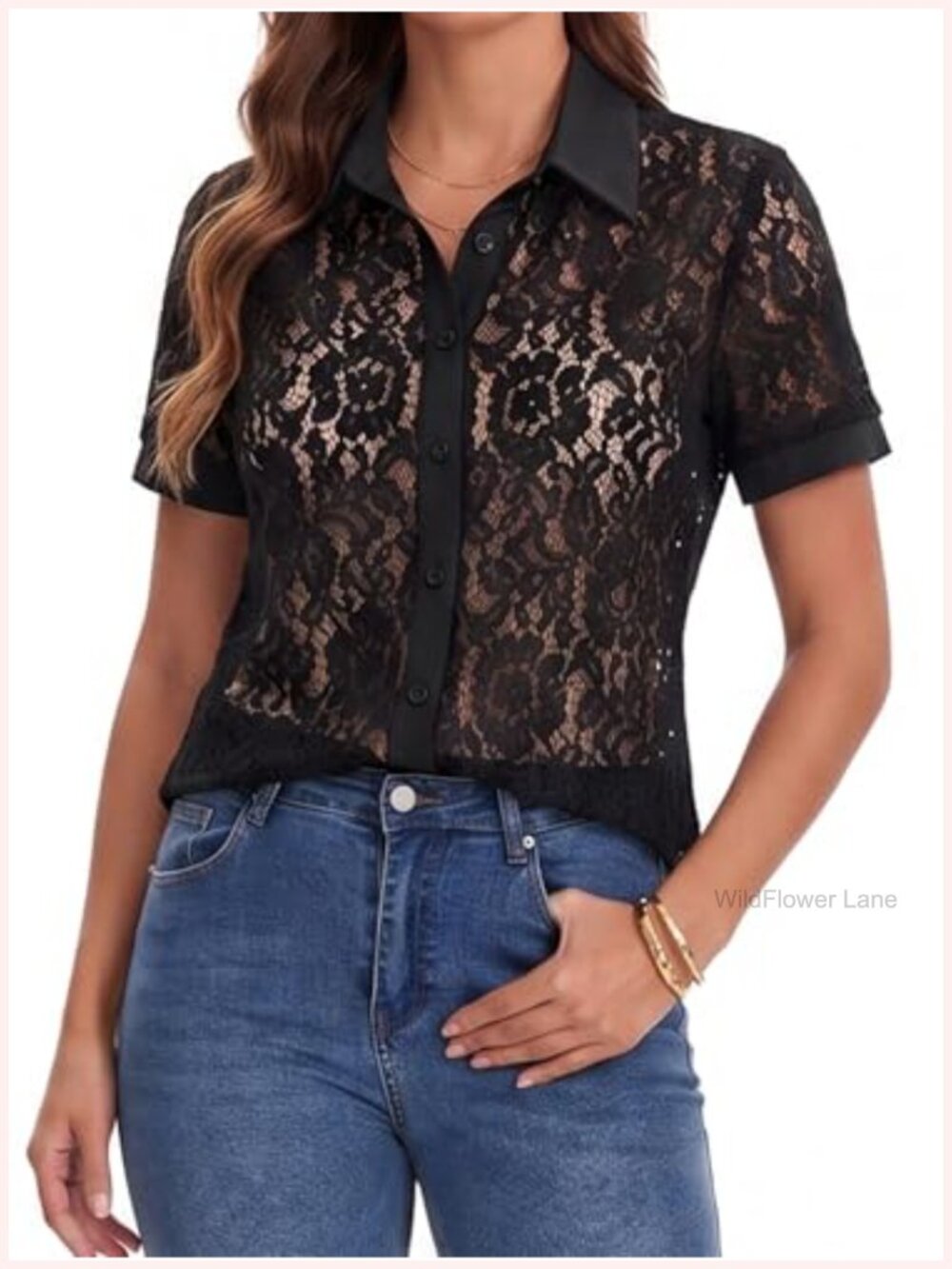 Lace Short Sleeve Button Down Blouse Dressy Casual Sheer Elegant Summer Shirt
